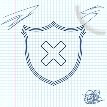 Shield and cross x mark line sketch icon isolated on white background. Denied Stock Illustration