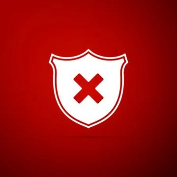 Shield and cross x mark icon isolated on red background. Denied disapproved sign Stock Illustration