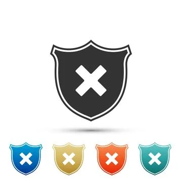 Shield and cross x mark icon isolated on white background. Denied disapproved Illustrazione stock
