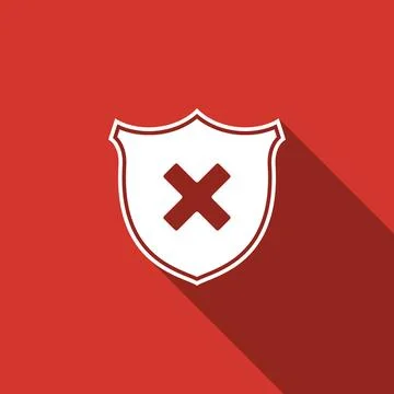 Shield and cross x mark icon isolated with long shadow. Denied disapproved sign Illustrazione stock