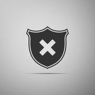 Shield and cross x mark icon isolated on grey background. Denied disapproved Illustrazione stock