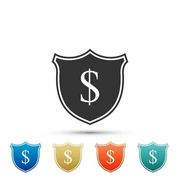 Shield and dollar icon isolated on white background. Security shield protection Illustrazione stock