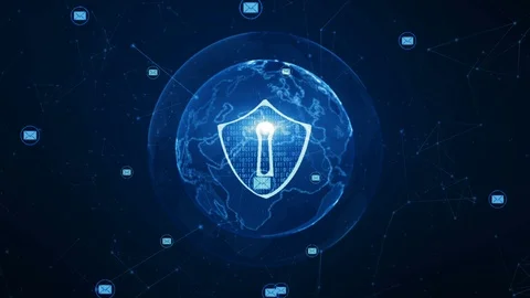 Shield and email icon on secure global network , Cyber security concept.  Ear Stock Footage 101550492