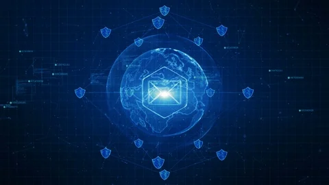 Shield and email icon on secure global network , Cyber security concept.  Ear Stock Footage 101602795
