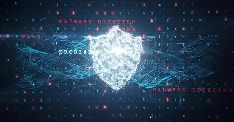 Shield and malware detected on binary background Stock Illustration