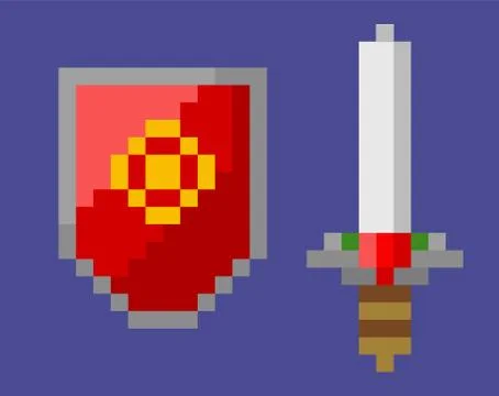 Shield and Sword, Attack and Defense Pixel Icons Stock Illustration