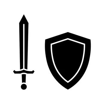 Shield and sword icon in flat style. Stock Illustration