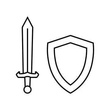 Shield and sword icon in linear style. Stock Illustration