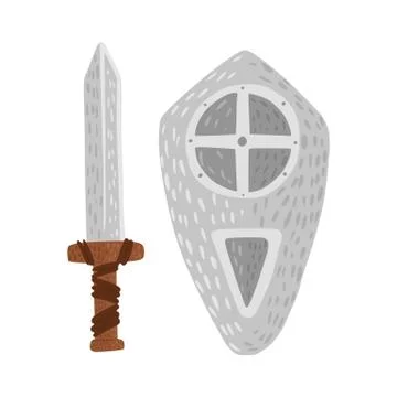 Shield and sword isolated on white background. Cartoon cute weapon of viking  Stock Illustration