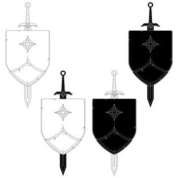 Shield and Sword Lines in Black and White Stock Illustration