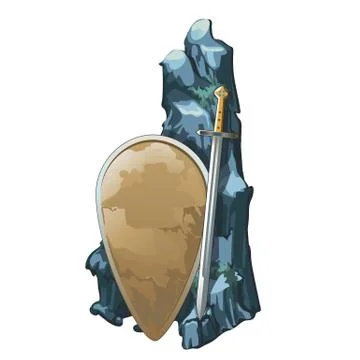 Shield and sword with stone is covered with silt isolated on white background Stock Illustration