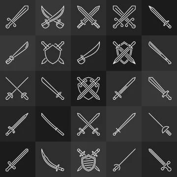 Shield and sword vector outline icons on dark background Stock Illustration