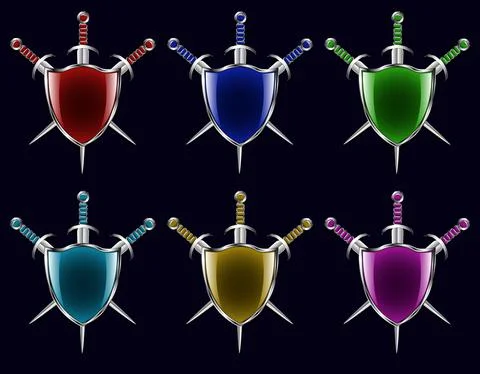 Shield and swords, multicolored set. Heraldry and knight ammunition. Medieval Stock Illustration