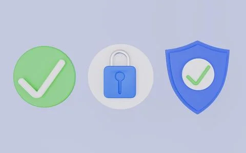 Shield and unlock with checkmark, Green tick arppoval 3d illustration Stock Illustration