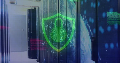 Shield appearing over data center racks, pulsing padlock and flashing code Stock Footage 330508676
