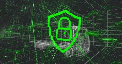 Shield appearing, padlock unlocking while data flowing past wireframe truck Stock Footage 317184091