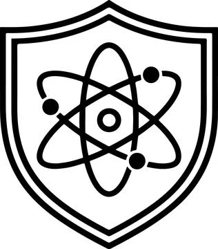Shield with atom symbol icon representing science and protection Illustration