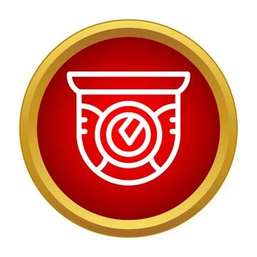 Shield badge icon showing check mark within red circle イラスト素材