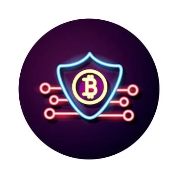 Shield with bitcoin crypto currency neon style icon Stock Illustration