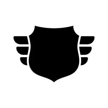 Shield black icon. Outline shield, simple wings isolated white background. Fl Stock Illustration