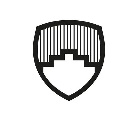 A shield with black outline, hatch background and white stairs Stock Illustration
