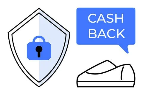 Shield with blue padlock symbolizes security, a blue speech bubble with CASH  Stock Illustration