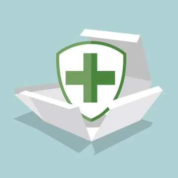 The shield is in the box. Isolated on blue background. Stock Illustration