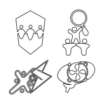 Shield brain bolt Commitment Teamwork Together Outline Logo Illustrazione stock