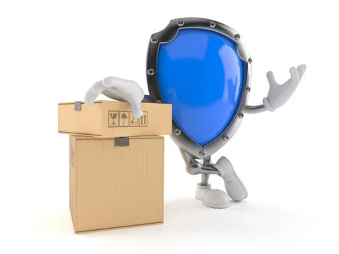 Shield character with stack of boxes Ilustración de archivo