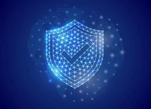 Shield with check mark 3d low poly symbol with blue world map background Stock Illustration