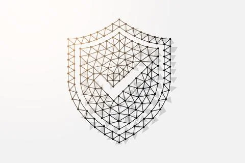 Shield with check mark 3d low poly symbol with connected dots. Antivirus design Stock Illustration