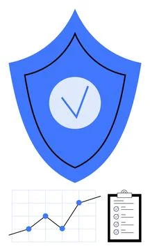 Shield with Check Mark, Graph, and Clipboard Representing Security and Perf.. Stock Illustration