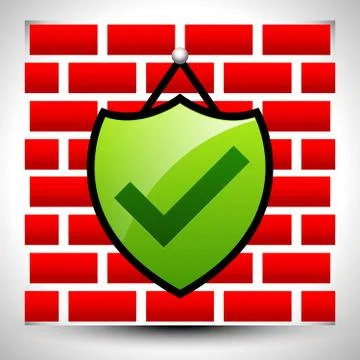 Shield with check-mark hanging on wall for IT concepts or home security - Fir Stockillustratie