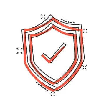 Shield with check mark icon in comic style. Protect cartoon vector illustrati Stock Illustration