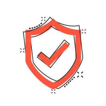 Shield with check mark icon in comic style. Protect cartoon vector illustrati Stock Illustration