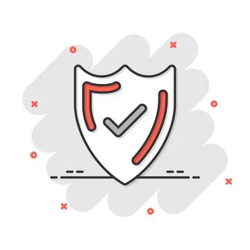 Shield with check mark icon in comic style. Protect cartoon vector illustrati Stock Illustration