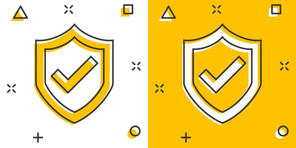 Shield with check mark icon in comic style. Protect cartoon vector illustrati Stock Illustration