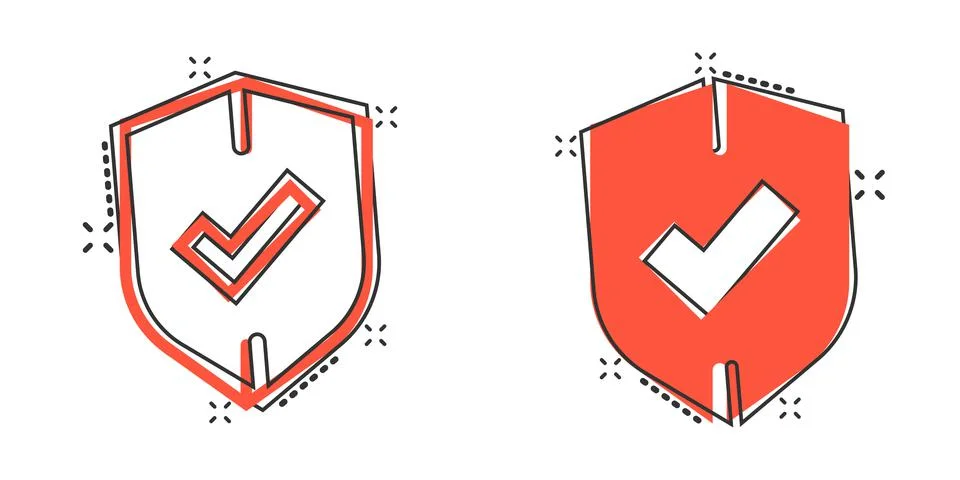 Shield with check mark icon in comic style. Protect cartoon vector illustrati Stock Illustration