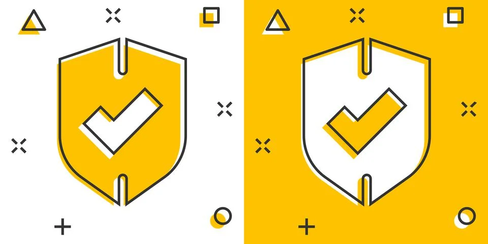 Shield with check mark icon in comic style. Protect cartoon vector illustrati Stock Illustration