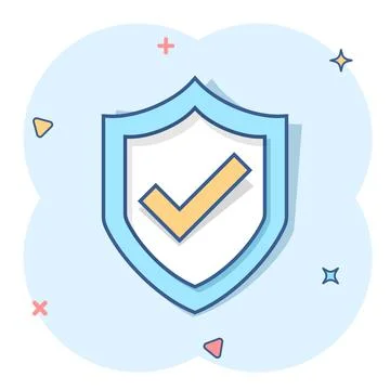 Shield with check mark icon in comic style. Protect cartoon vector illustrati Stock Illustration