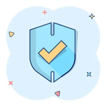 Shield with check mark icon in comic style. Protect cartoon vector illustrati Stock Illustration