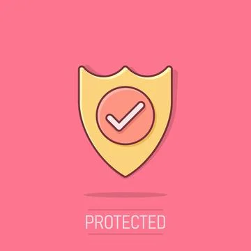 Shield with check mark icon in comic style. Protect cartoon vector illustra.. Stock Illustration