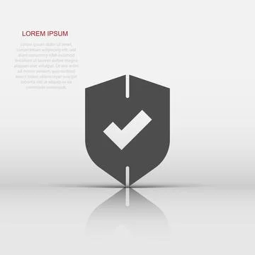 Shield with check mark icon in flat style. Protect vector illustration on w.. Stock Illustration