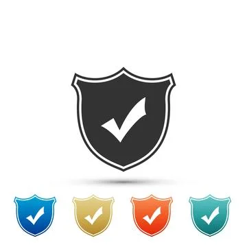 Shield with check mark icon isolated on white background. Set elements in Stock Illustration