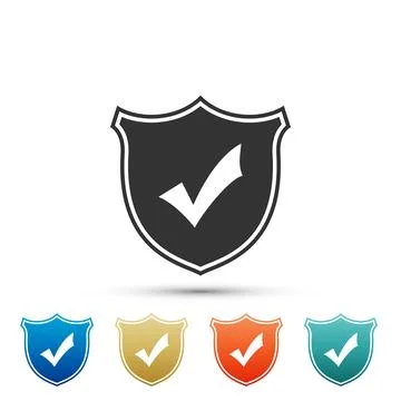Shield with check mark icon isolated on white background. Set elements in Stock Illustration