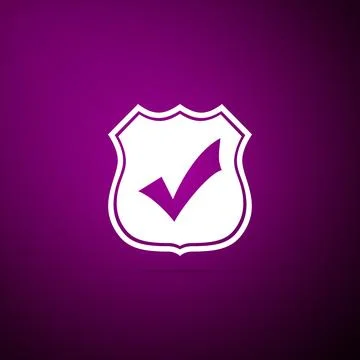 Shield with check mark icon isolated on purple background. Flat design. Vec.. Stock Illustration