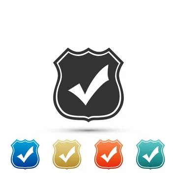 Shield with check mark icon isolated on white background. Set elements in c.. Illustrazione stock