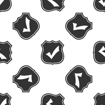 Shield with check mark icon seamless pattern on white background. Flat desi.. Stock Illustration