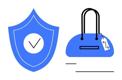 Shield with check mark indicating security next to tagged handbag. Ideal for  Stockillustratie