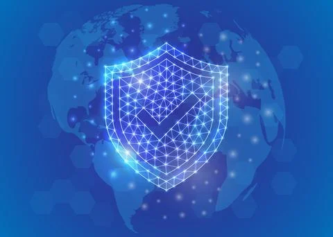 Shield with check mark low poly symbol with world map background. Antivirus Stock Illustration